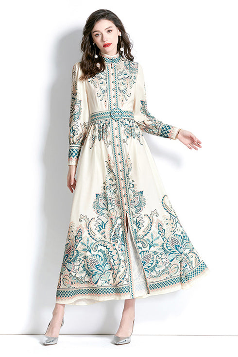 Designer Elegant Paisley Pattern Lantern Sleeves, Stand Collar, Belted Vintage A-Line Party, Wedding Guest Maxi Dress - Turquoise